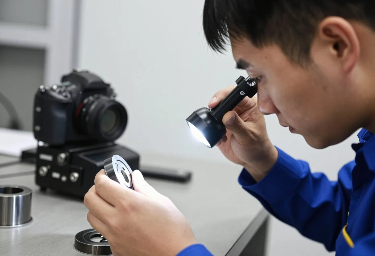 Quality engineer closely inspecting a defective part with a loupe and flashlight to gather physical evidence