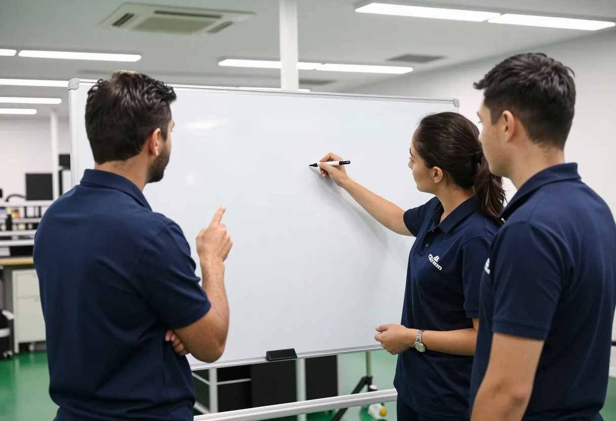 Small factory team gathered at a whiteboard near the production line discussing a why chain