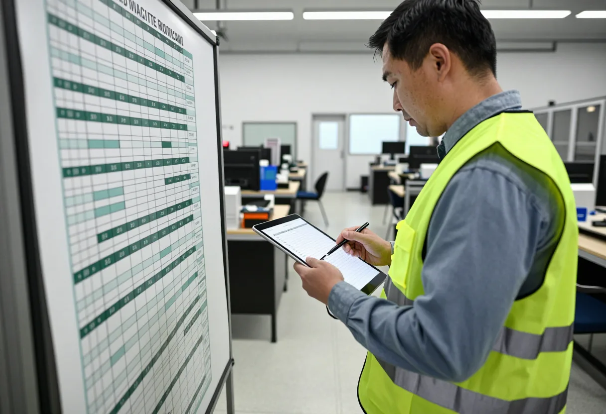 Supervisor in a safety vest reviewing a workplace organization checklist on a tablet next to a shop-floor tracking board