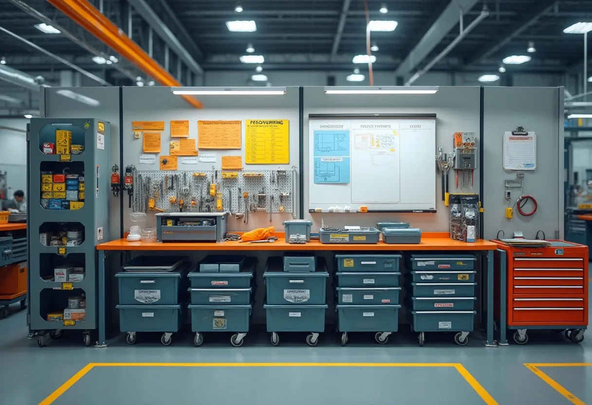Organized 5S resource corner with color-coded shadow-board tool storage, labeled bins, and safety floor markings