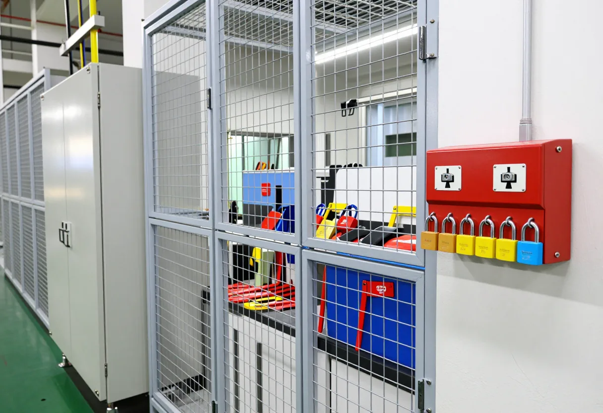 Locked wire-mesh tool crib cage with a red lockout-tagout box holding multiple colored padlocks mounted beside an electrical panel