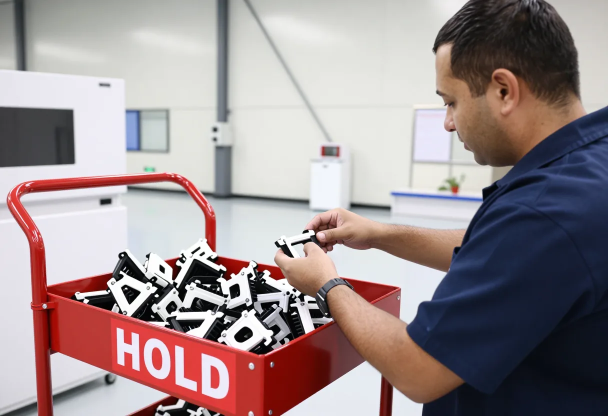 Quality technician sorting suspect parts into a red wheeled quarantine cart labeled HOLD