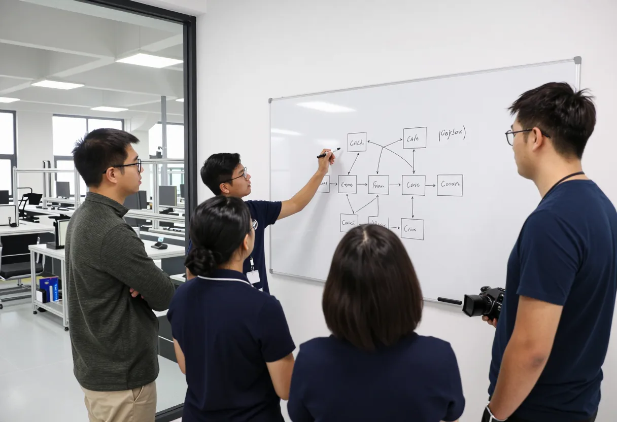 Cross-functional engineering and quality team sketching a fishbone cause-and-effect diagram on a whiteboard