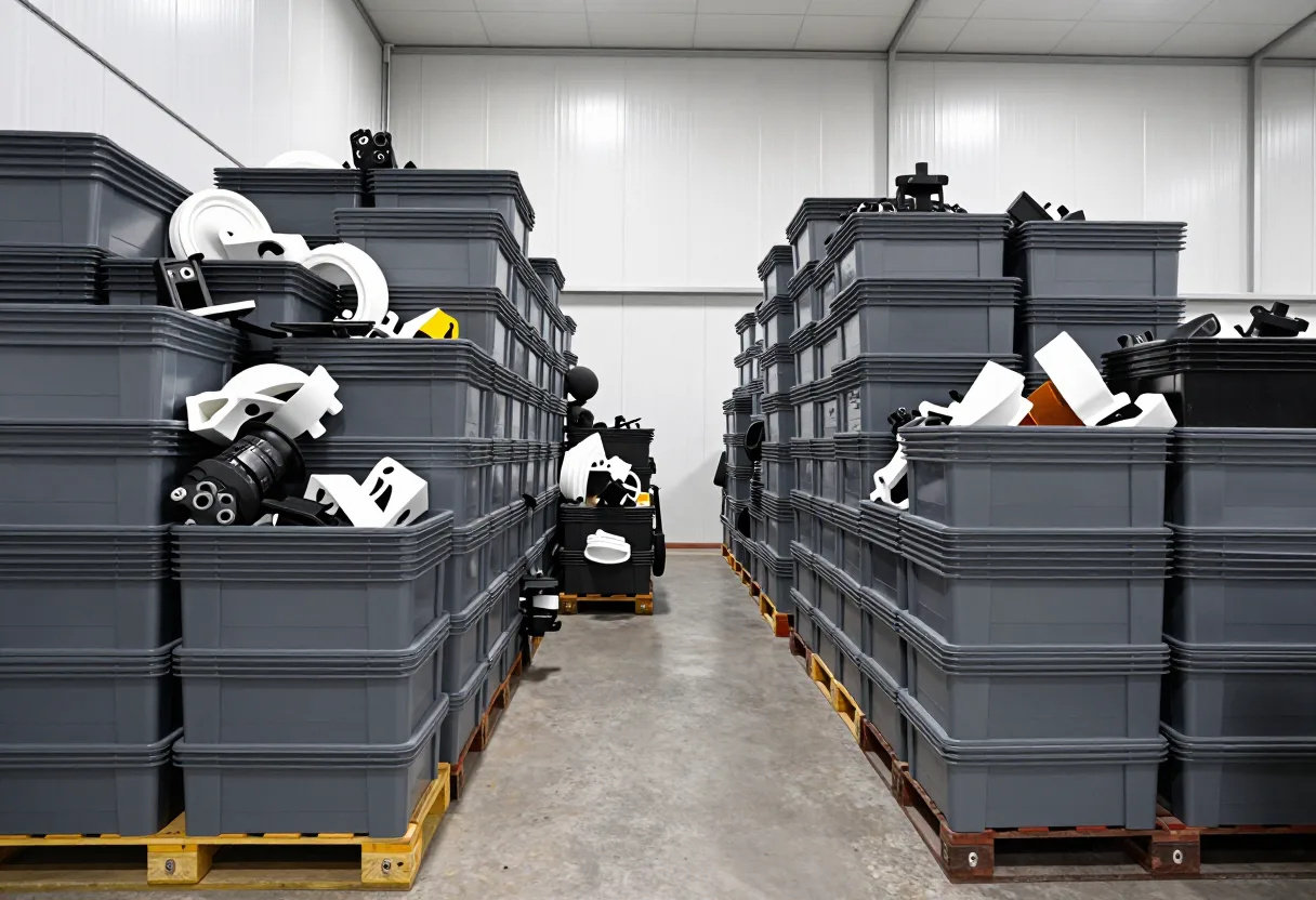 Stacks of overflowing work-in-process bins piled on pallets in a factory aisle between two production stations