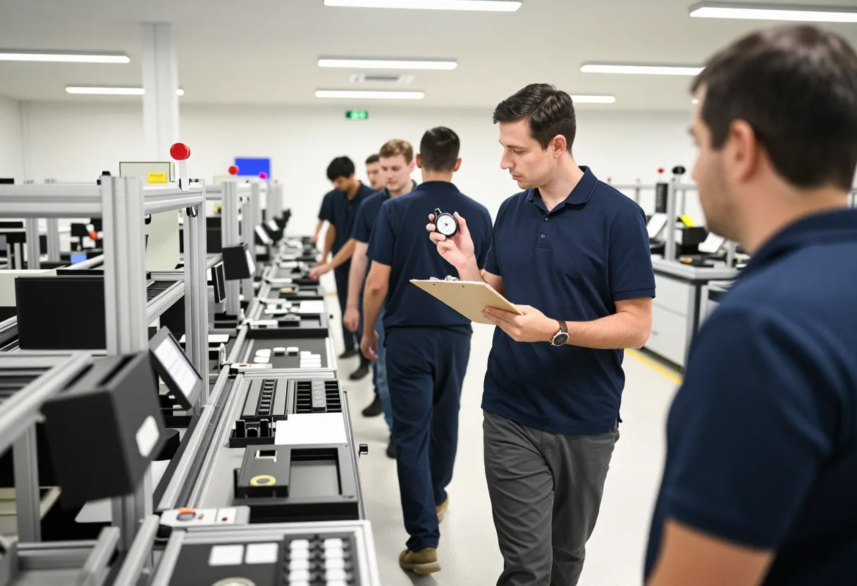 Lean improvement team member with a stopwatch and clipboard observing a production line during a gemba waste walk