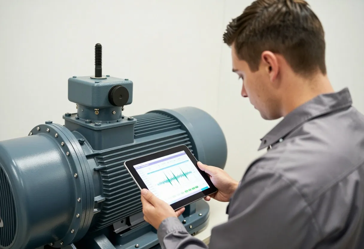 Maintenance technician comparing a live vibration sensor trend on a tablet against a wireless sensor clamped to an industrial motor