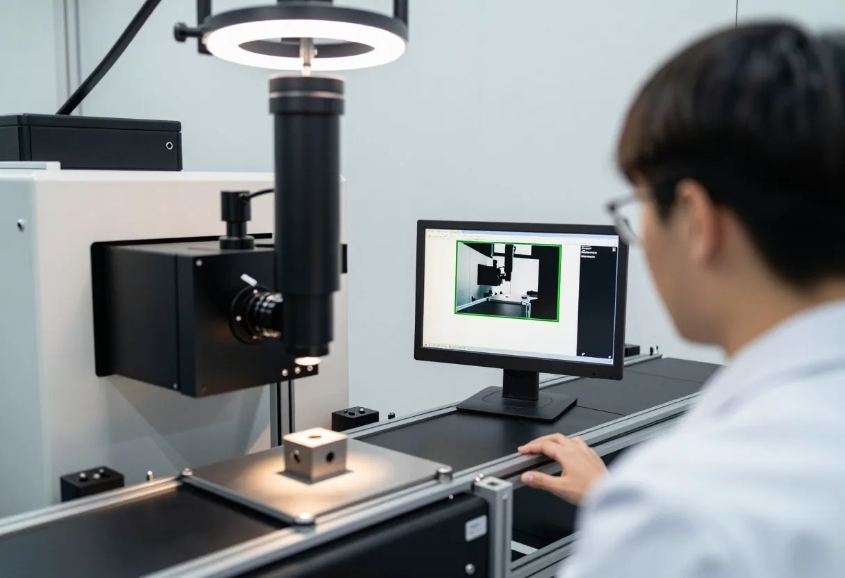 Machine vision inspection station with a camera and ring light over a part on a conveyor, engineer checking the live camera feed on a monitor