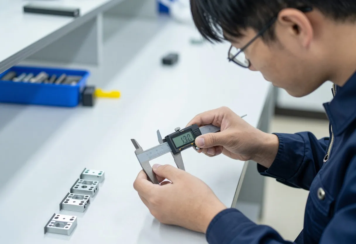 Engineer using digital calipers to measure a small metal connector bracket at a workbench with similar brackets laid out nearby