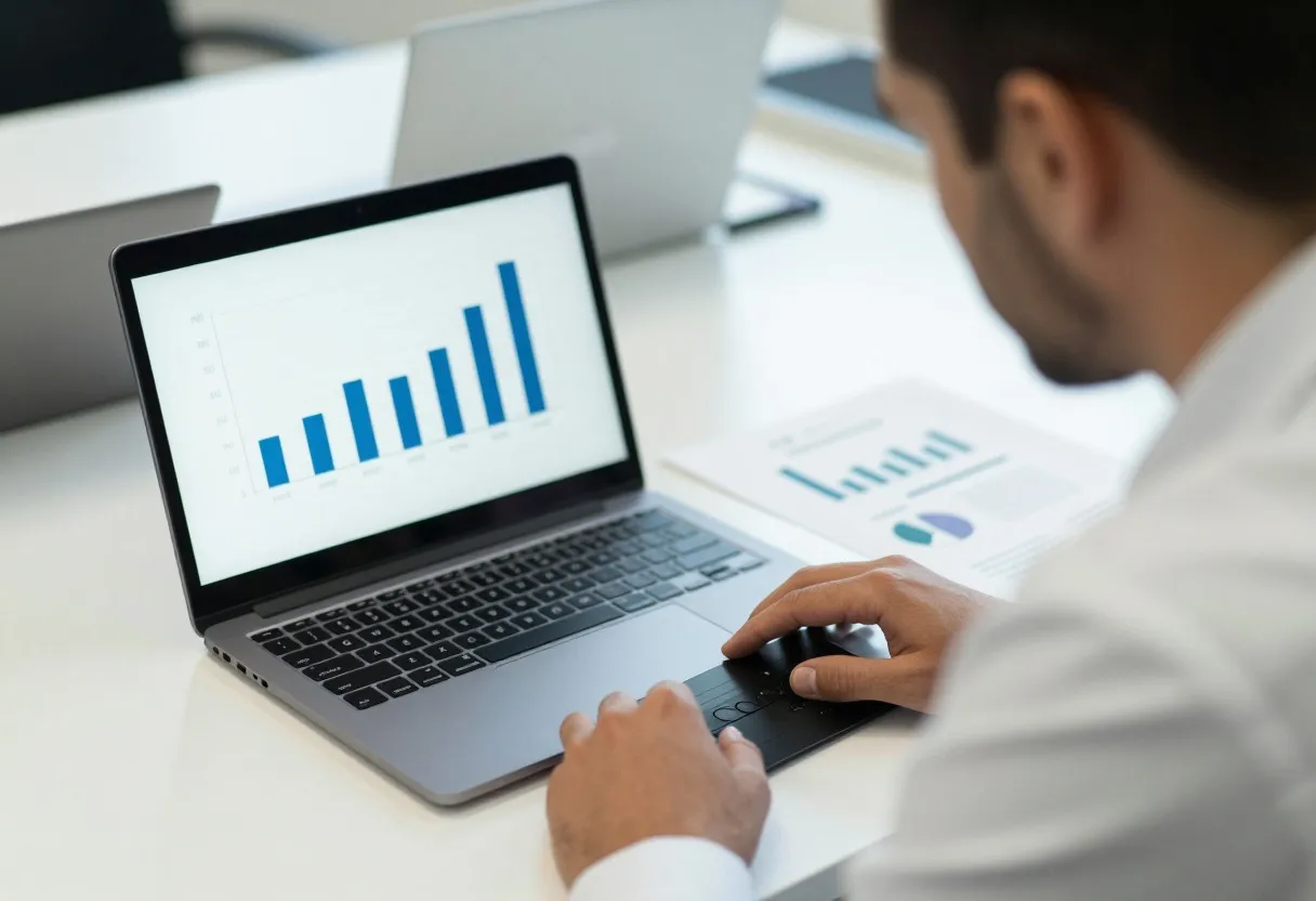 Quality engineer reviewing bar charts and a line graph on a laptop next to a printed report