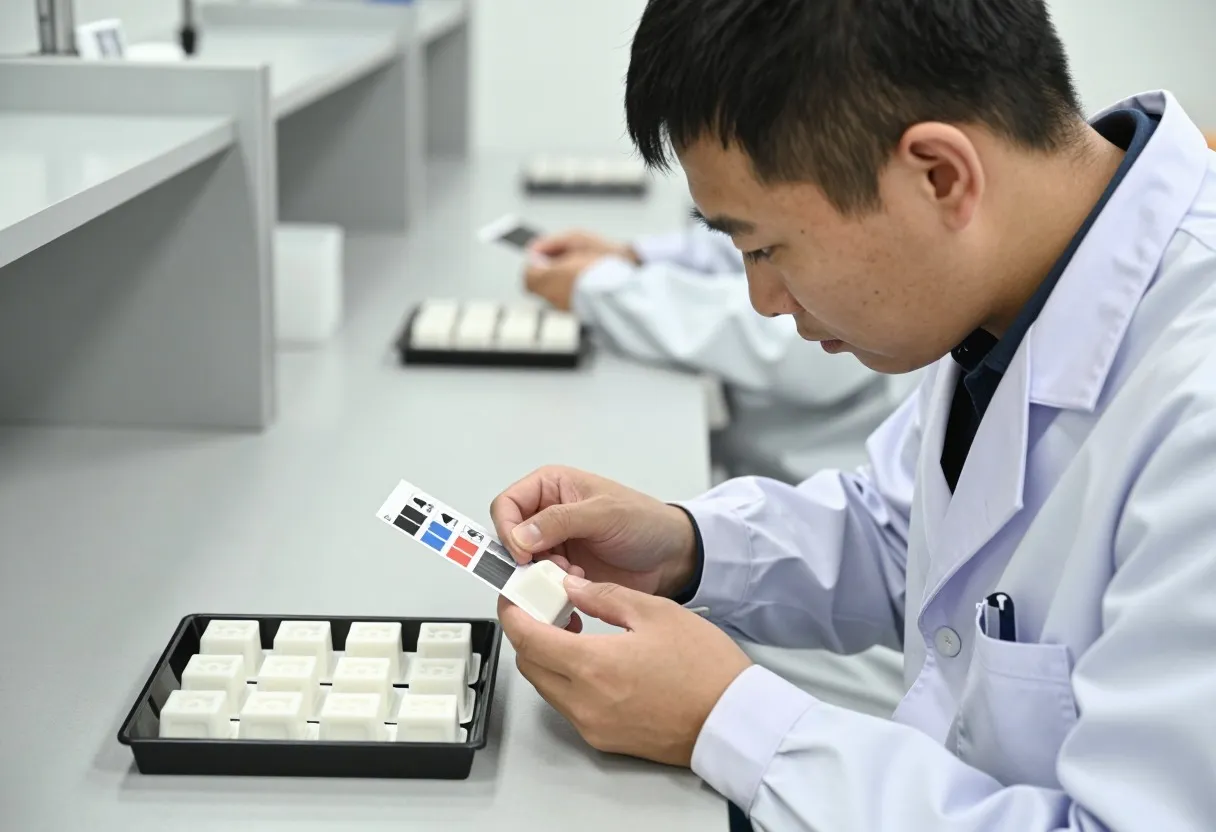 Quality inspector examining a molded plastic housing against a defect-reference card at an inspection bench