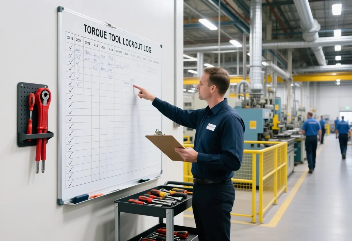 Quality auditor checking a torque-tool lockout log board against a clipboard on a busy manufacturing floor