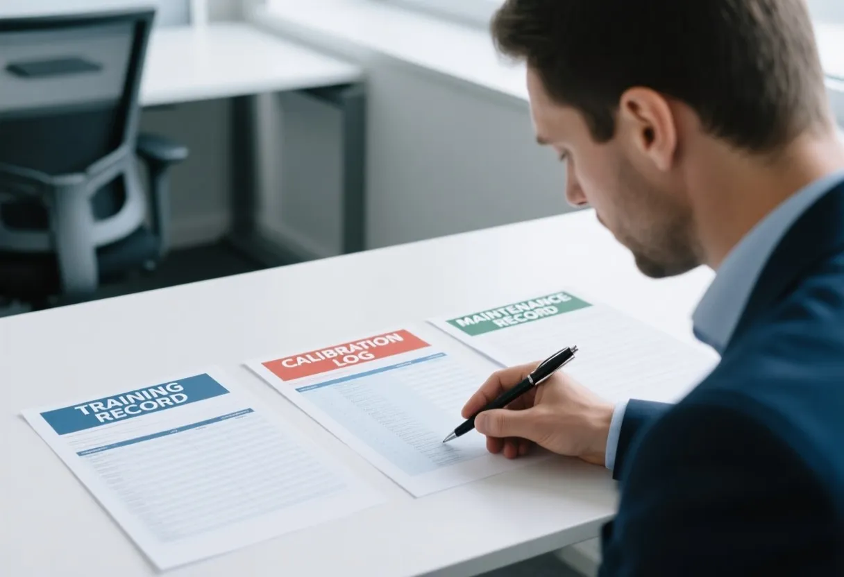 Quality engineer comparing a training record, calibration log, and maintenance record side by side during a root-cause investigation