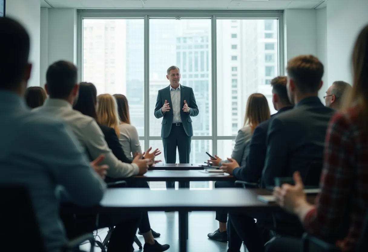 A leader addressing employees in a meeting room about a planned change, with people asking questions