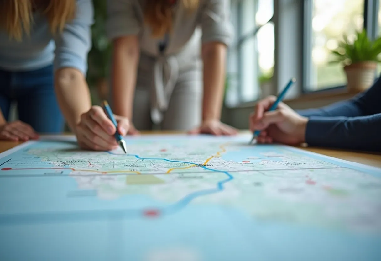 A service team tracing a citizen journey map on a large printed sheet