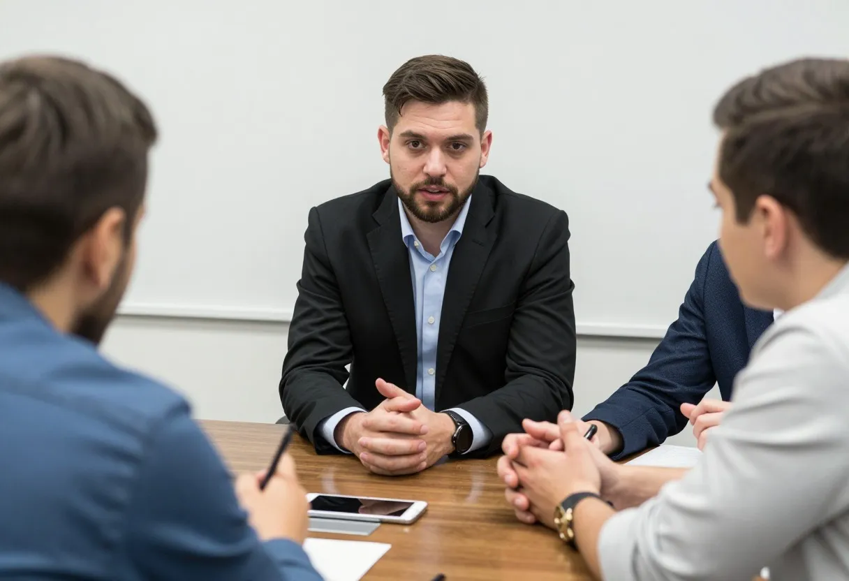 Manager facilitating a calm three-person conversation between two team members in a small meeting room