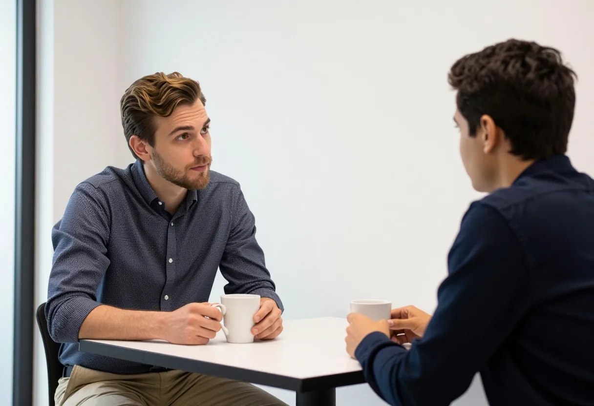Manager having a private one-on-one conversation with a team member across a small table