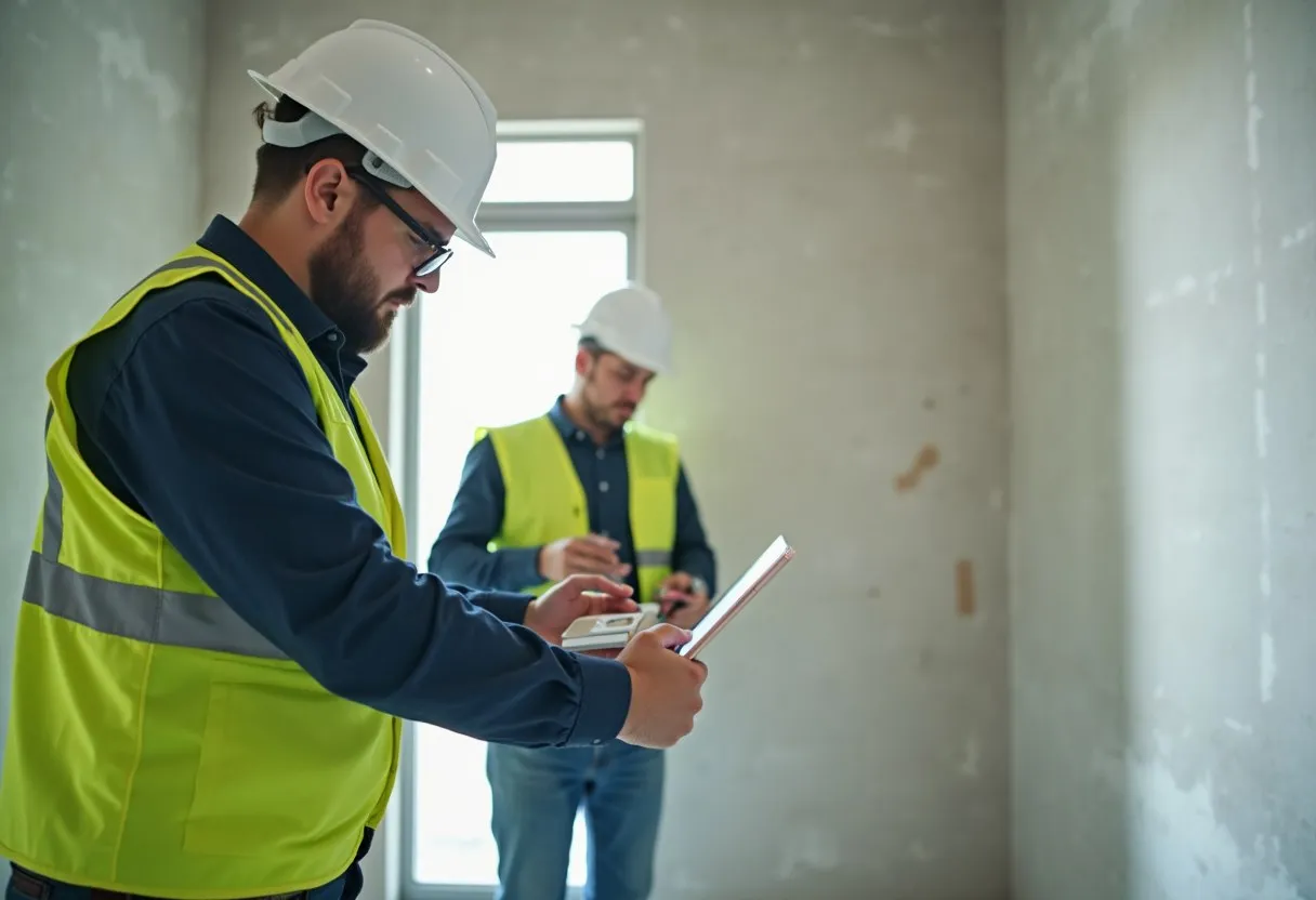 A quality inspector checking a finished wall with a level during an interior inspection