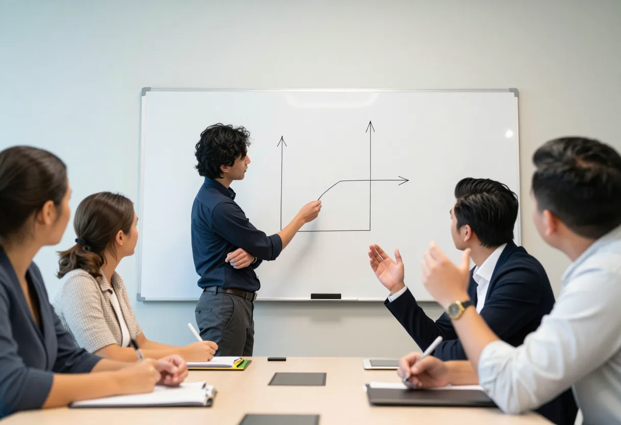 Facilitator leading a team through a force-field analysis diagram on a whiteboard during a discussion