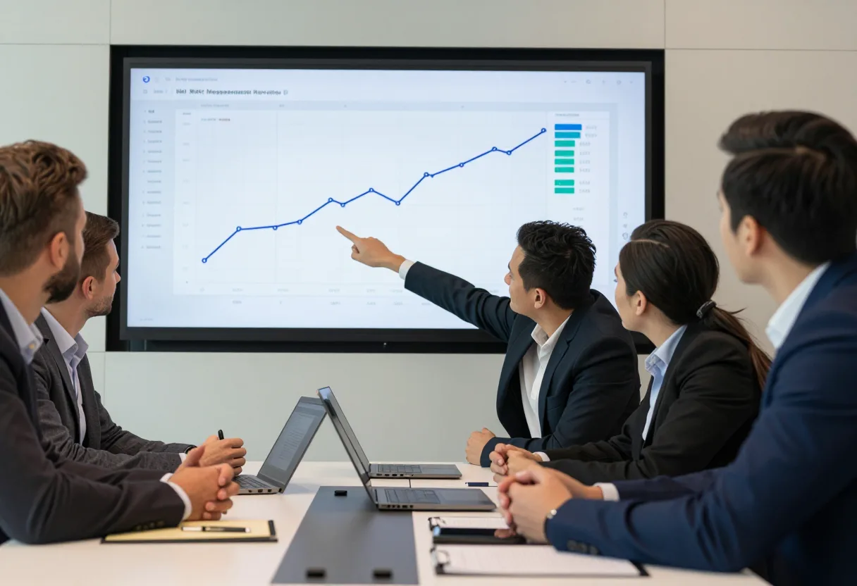 Management review meeting with leaders reviewing a performance trend dashboard on a wall screen