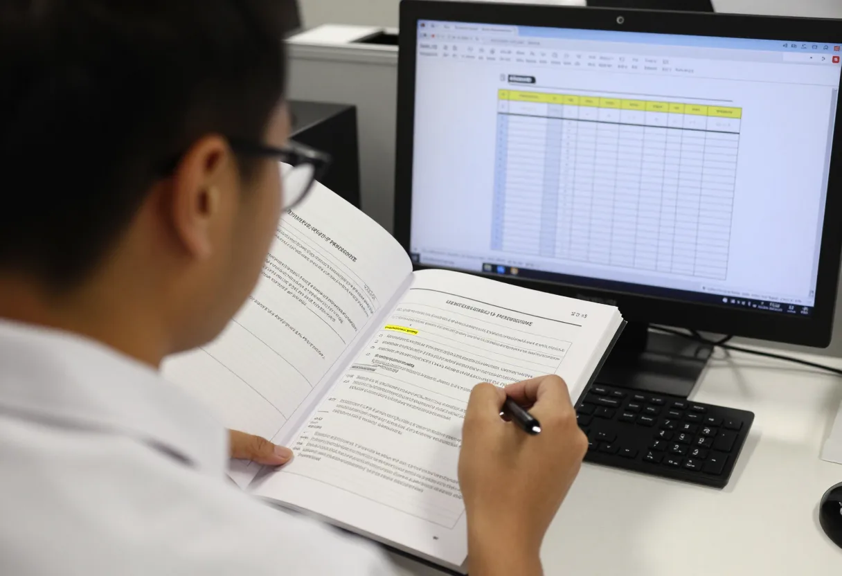 Document control specialist checking a revision stamp on a controlled procedure against a document register on screen