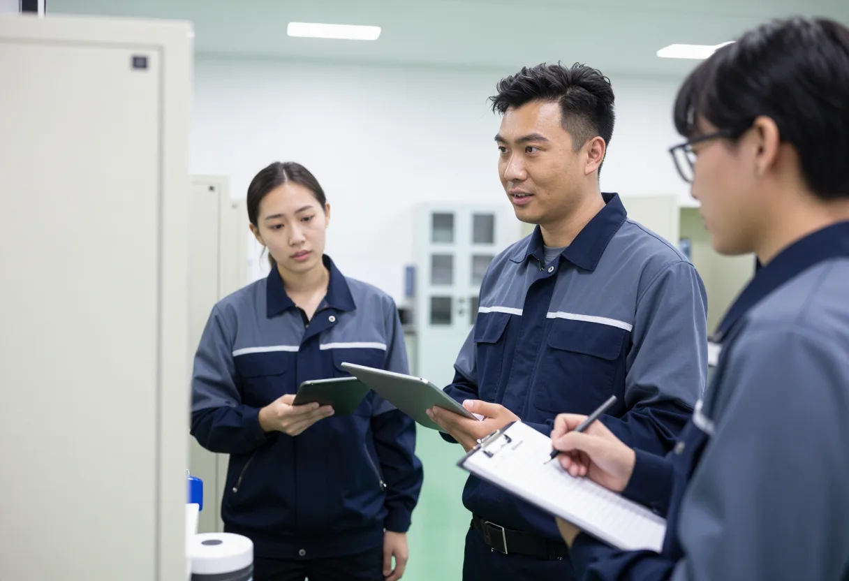 Internal auditor with a checklist interviewing production staff at a workstation during an audit