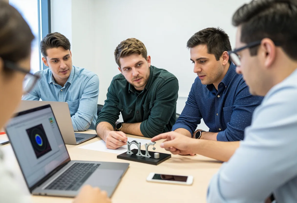 Cross-functional team examining a prototype part and CAD model together during a design review