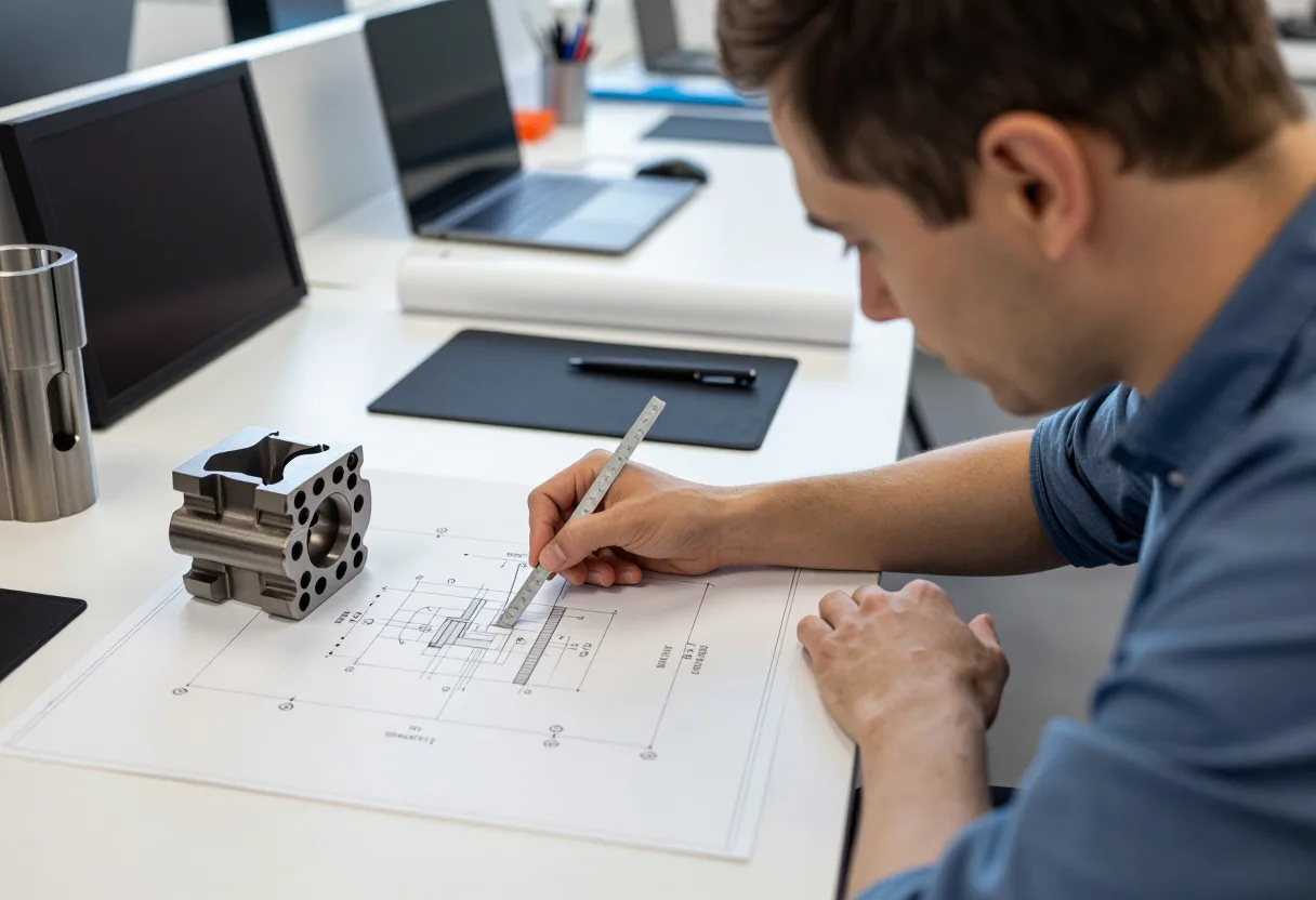 Design engineer checking a dimension callout on a technical drawing with a ruler next to the machined part