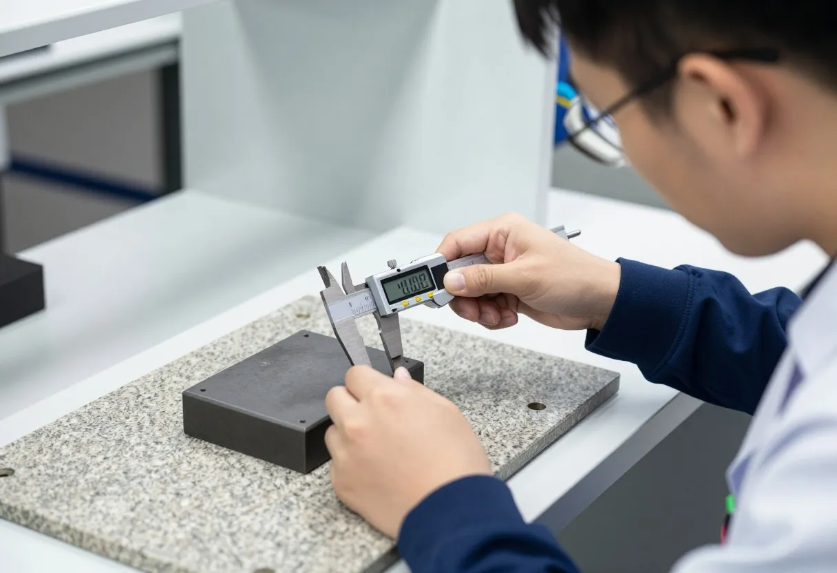 Metrology technician calibrating a digital caliper against a gage block on a surface plate in a calibration lab