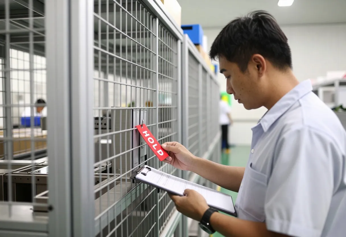 Quality engineer checking a hold-tagged nonconforming part against a clipboard in a segregated quarantine area