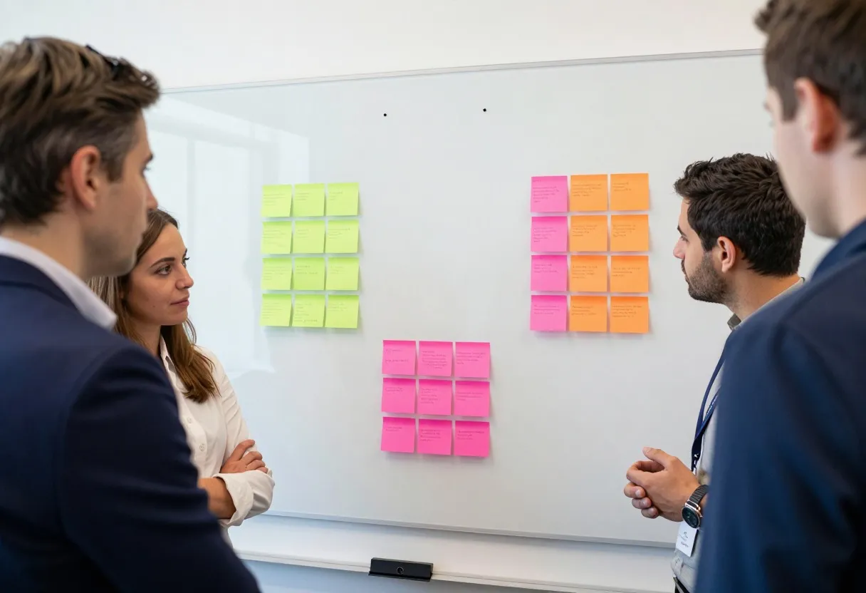 Cross-functional team clustering sticky notes into groups on a whiteboard during an affinity-diagram exercise