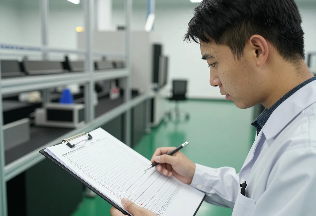 Quality engineer reviewing a printed control chart on a clipboard next to a production line