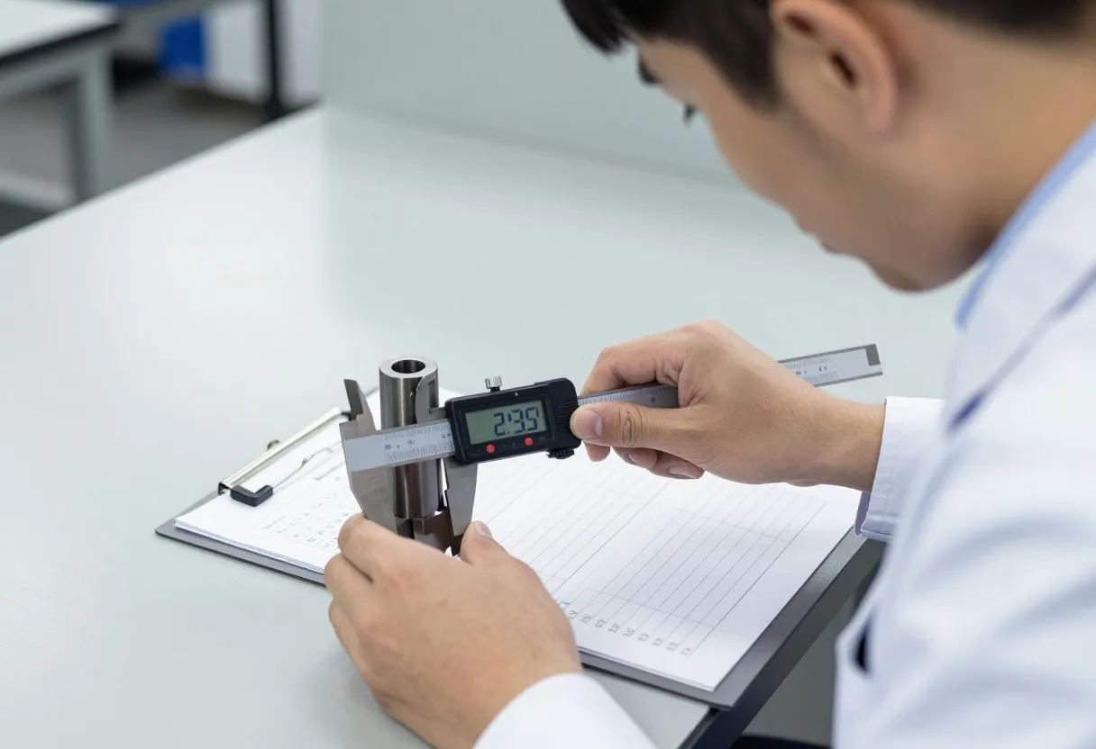 Production inspector measuring a machined part with digital calipers next to a paper check sheet on a clipboard