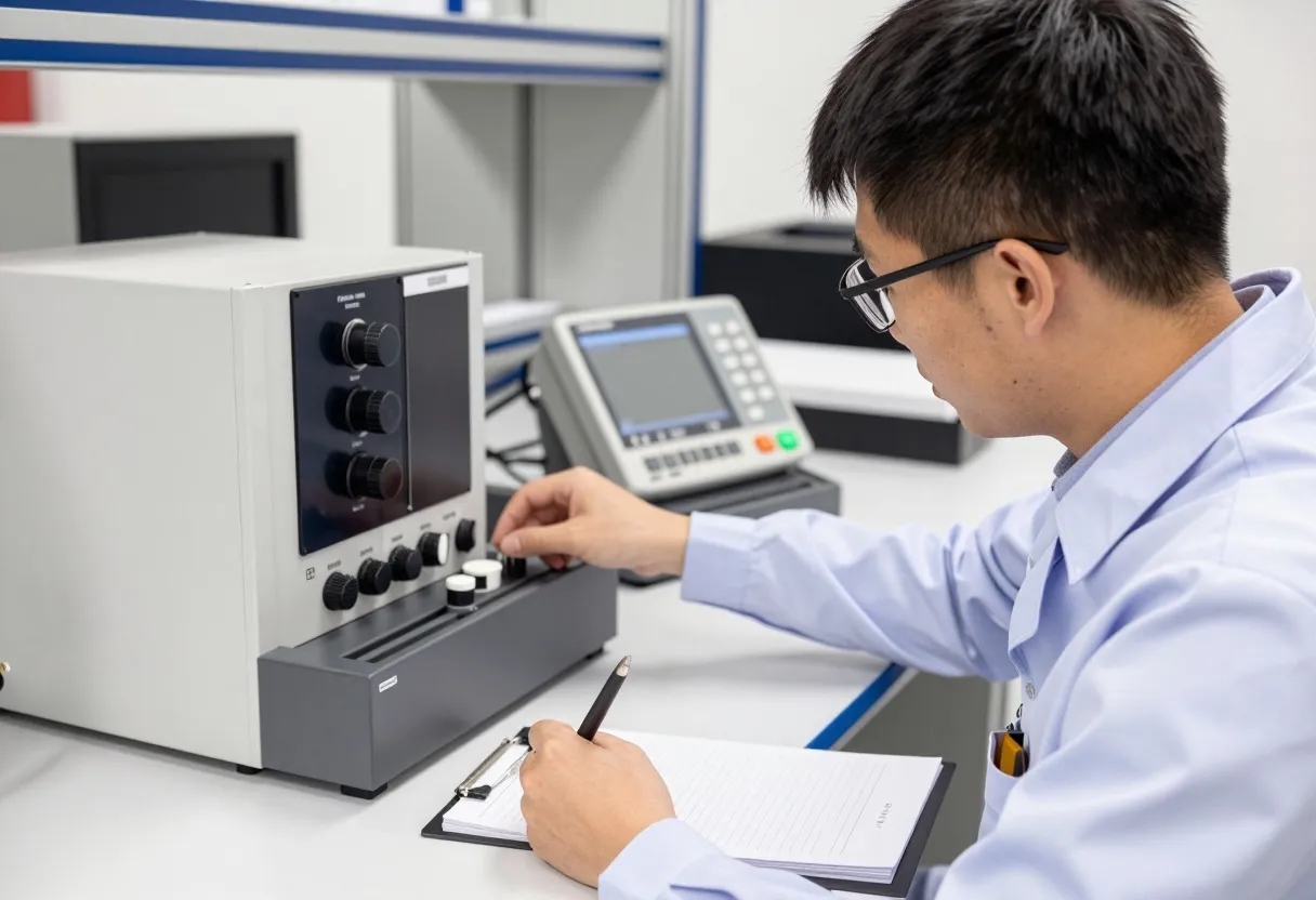 Quality engineer adjusting factor settings on a benchtop test rig and logging results during a designed experiment