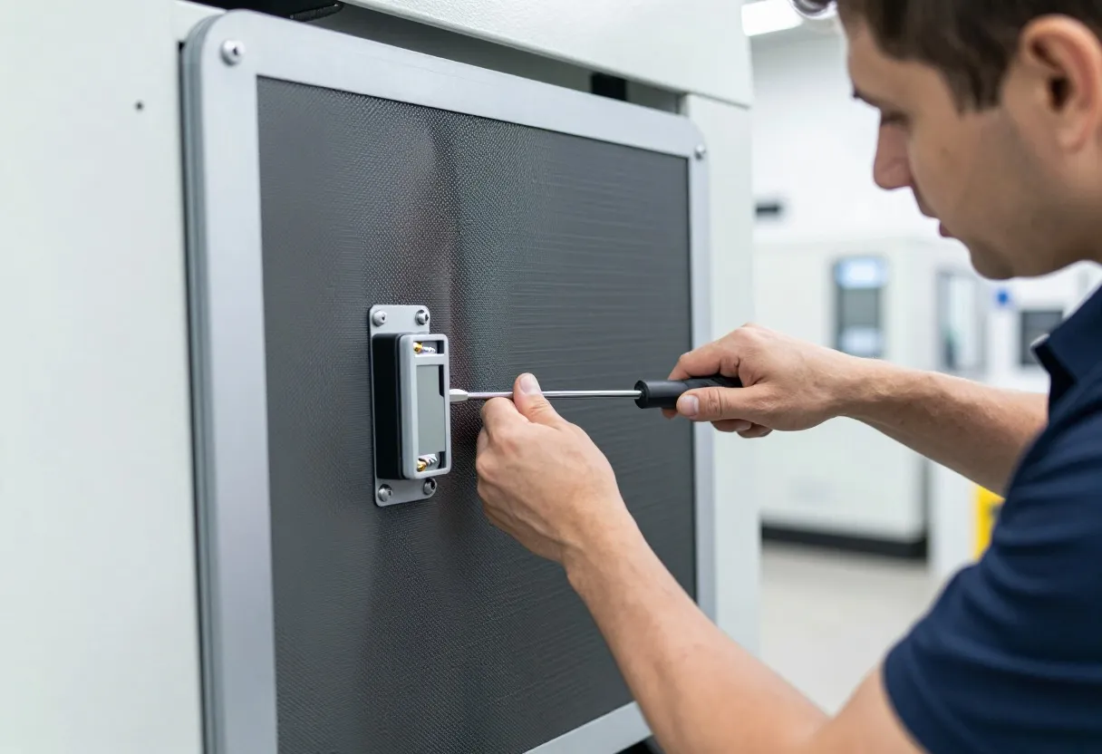 Maintenance technician installing a metal safety guard with an interlock switch onto an industrial machine