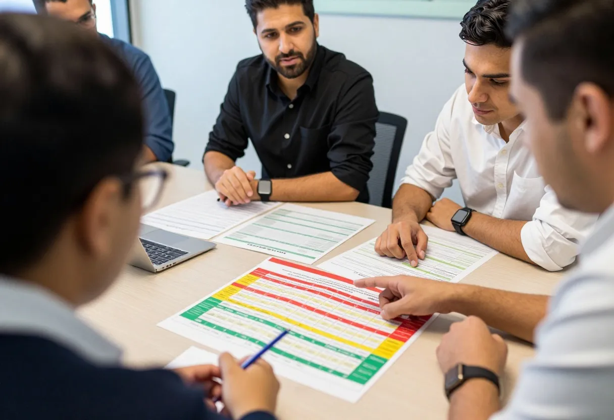 Cross-functional team reviewing a color-coded risk register on a conference table