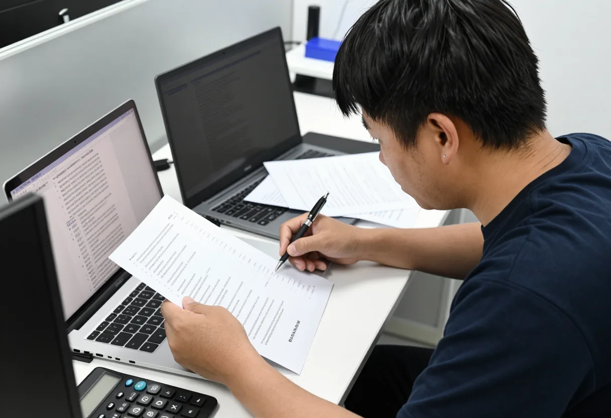 Quality engineer working through a practice exam at a desk with a laptop, printed answer sheet, and calculator