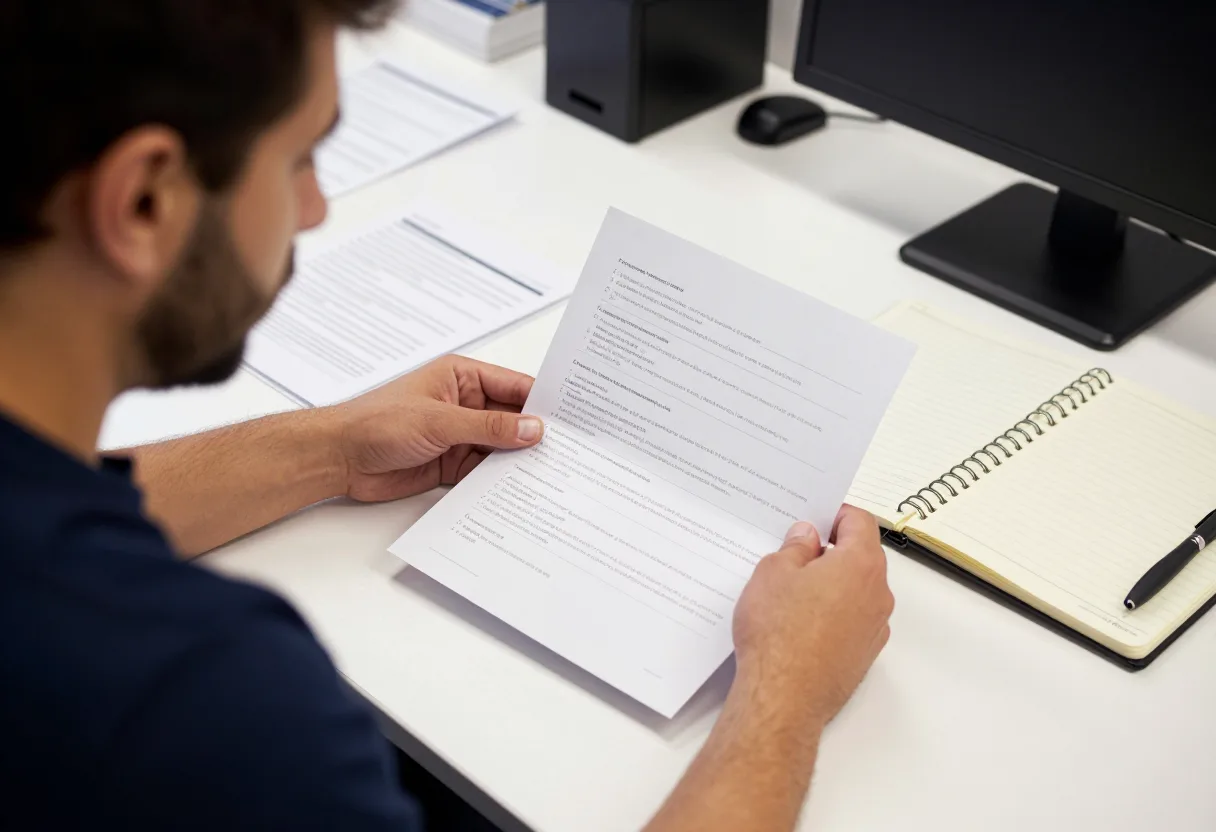 Quality engineer organizing printed section outlines and a notebook into a study plan