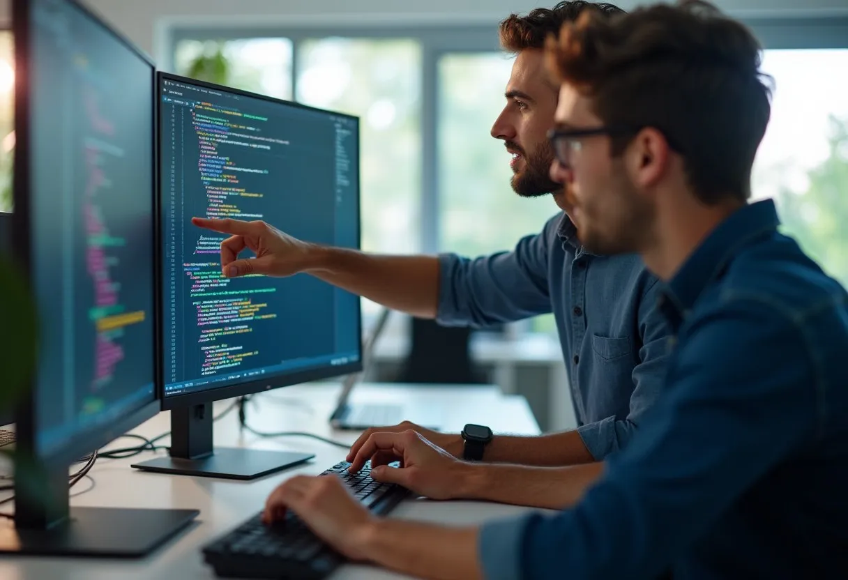 Two software engineers reviewing a change together at a desk