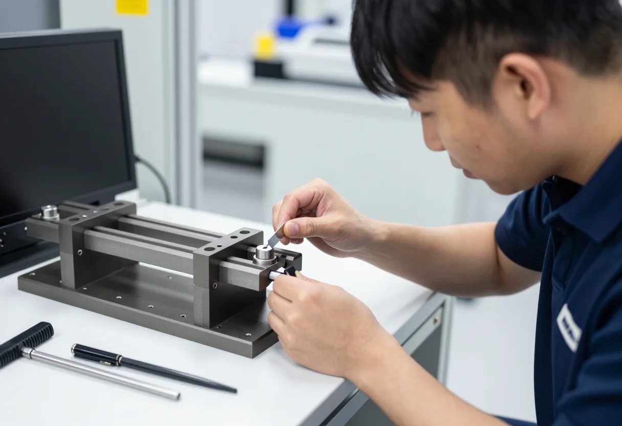 Manufacturing engineer testing a modified metal fixture and checking alignment by hand during a pilot trial