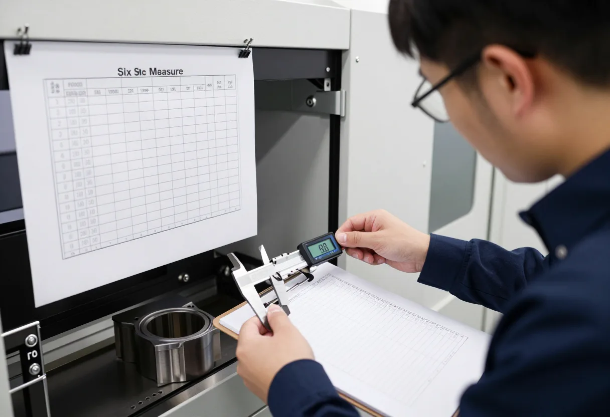 Manufacturing engineer using digital calipers to measure a part and record readings on a data collection check sheet
