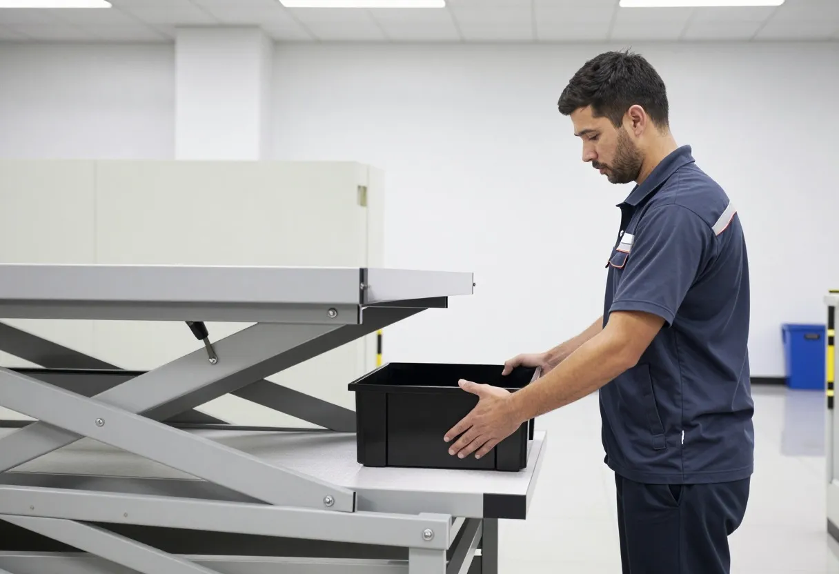 Factory worker sliding a tote onto a raised height-adjustable pneumatic lift table