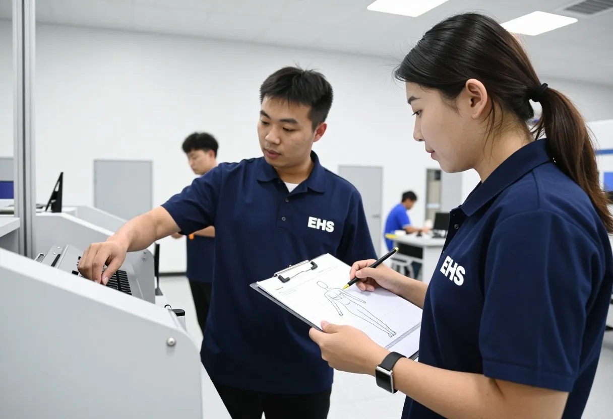 EHS professional observing an assembly-line operator's posture while reaching for a part, holding a clipboard