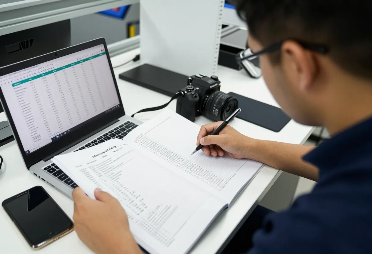 Quality engineer cross-referencing a printed maintenance log against a data table on a laptop during a root cause investigation