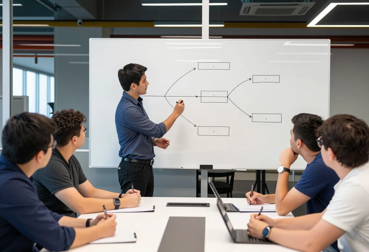 Facilitator drawing a fishbone diagram on a whiteboard while a cross-functional team contributes causes