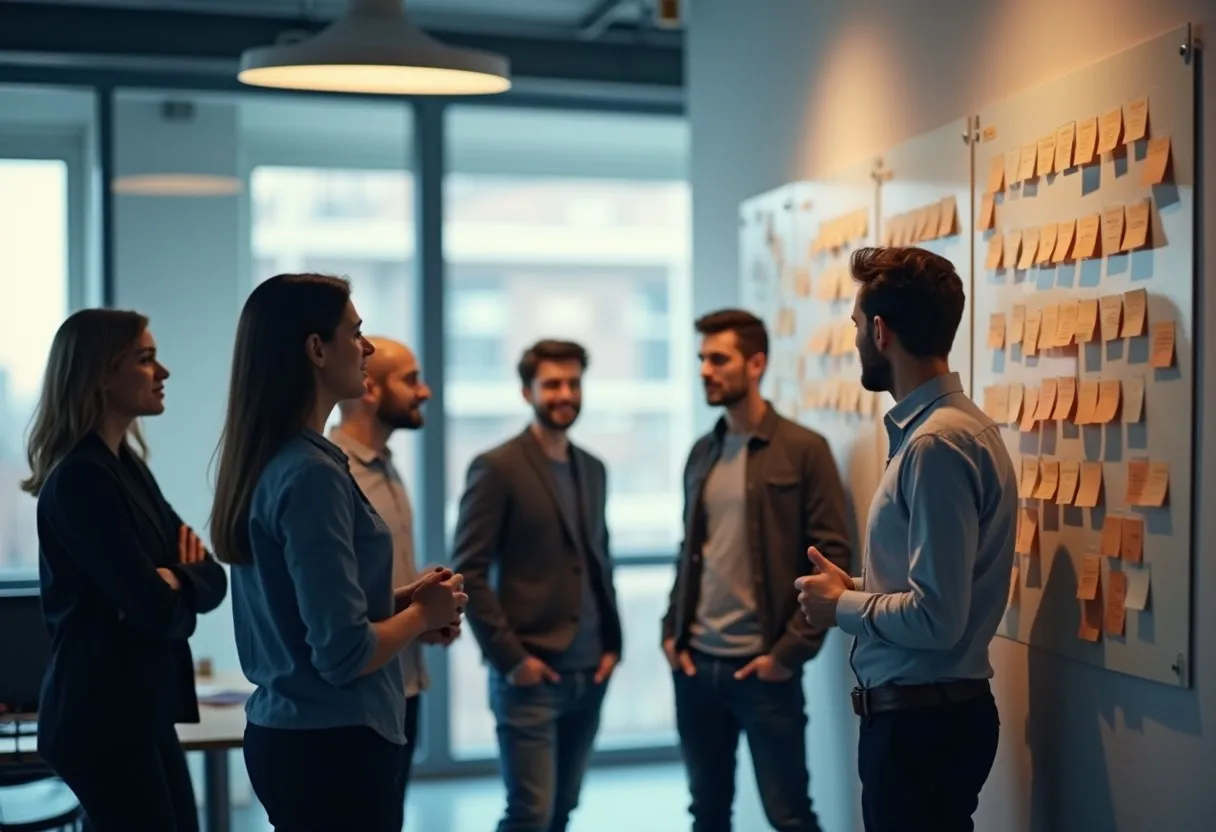 A software team holding a stand-up meeting at a physical kanban board
