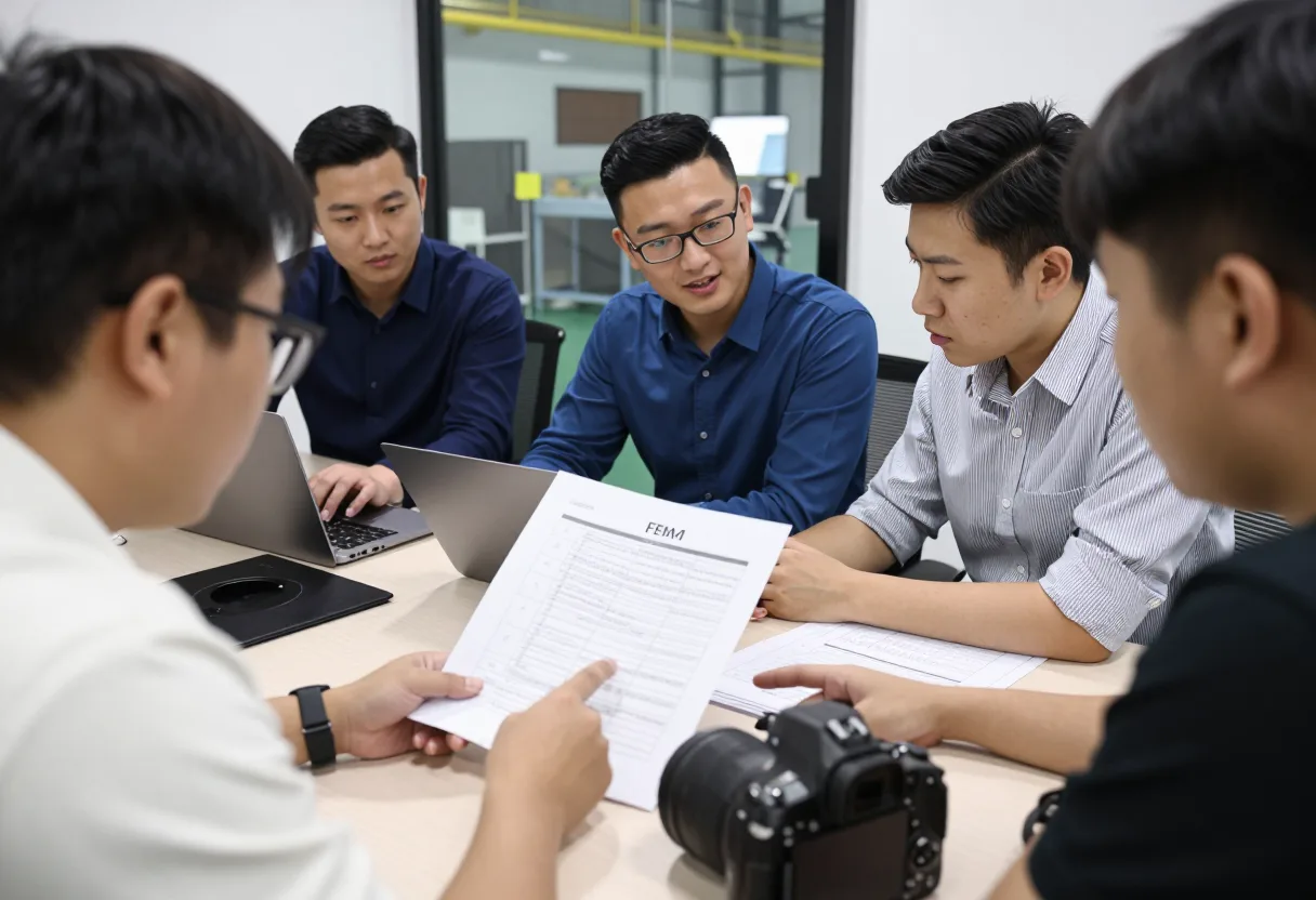 Cross-functional manufacturing team reviewing a printed FMEA worksheet during a risk-scoring discussion