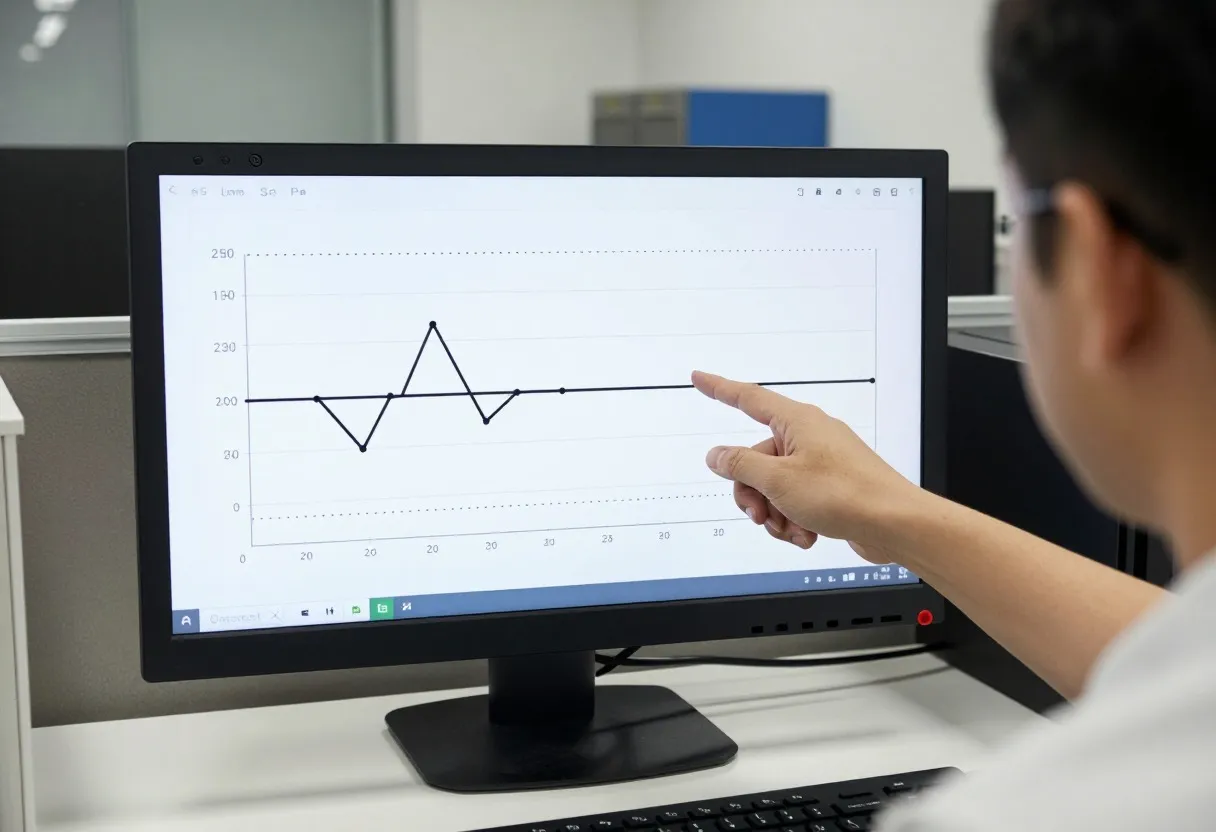 Green Belt reviewing a control chart with centerline, control limits, and plotted data points on a monitor