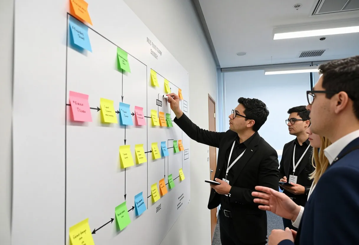 Team mapping a value stream on a large paper sheet taped to a wall using sticky notes and marker-drawn boxes and arrows