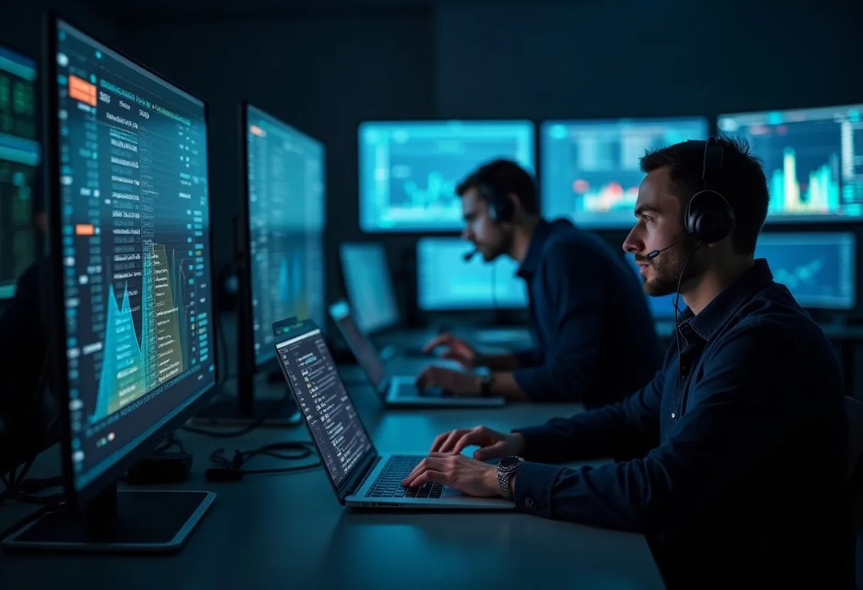 An on-call engineering team working an incident in an operations room