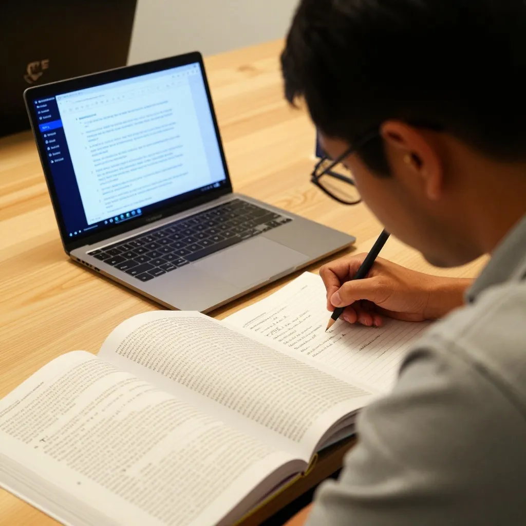A quality engineer studying certification prep materials and a laptop at a desk